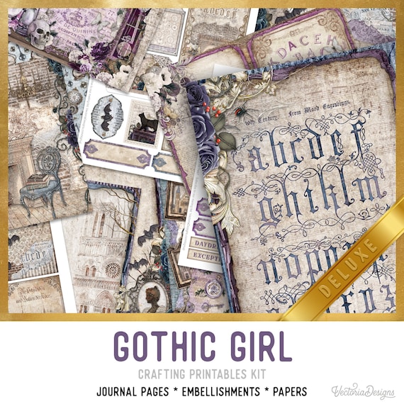 Gothic Girl DELUXE Crafting Printables Kit, Gothic Junk Journal Gothic Embellishments Gothic Paper Craft Kits Scrapbooking Printables 002949