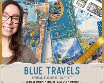 Blue Travels Junk Journal Kit (DELUXE) - Printable Pages, Papers and Embellishments for Crafting - 004087