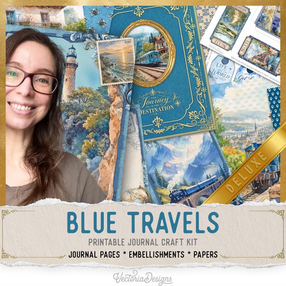 Blue Travels Junk Journal Kit (DELUXE) - Printable Pages, Papers and Embellishments for Crafting - 004087