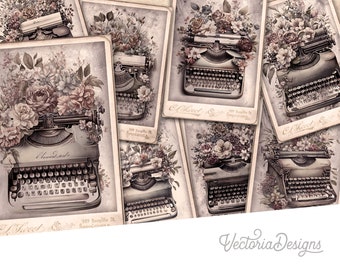 Fantasy Vintage Floral Typewriter Cards Printable Vintage Typewriter Junk Journal Embellishments Printable Scrapbooking Elements - 002915