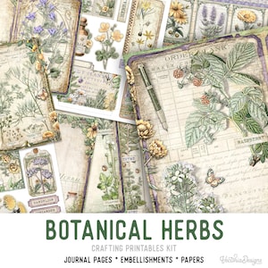 Botanical Herbs Junk Journal Kit, Printable Junk Journal Kit Botanical Embellishments Junk Journal Botanical Papers Reading Craft Kit 003182