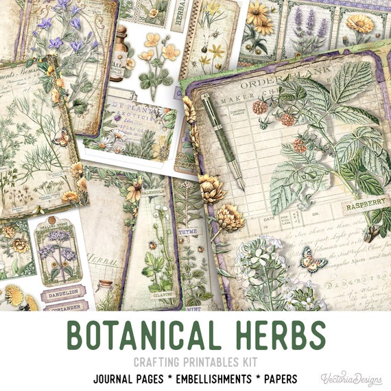 Botanical Herbs Junk Journal Kit - Printable Pages for Crafting - 003182