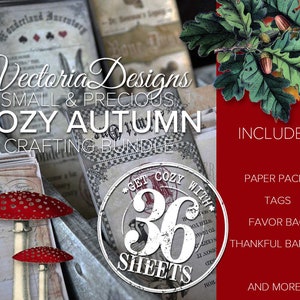 May include: A Cozy Autumn Crafting Bundle by Vectoria Designs. The image features a collection of vintage-style paper packs, tags, and a thankful banner. The bundle includes 36 sheets and is decorated with fall-themed illustrations and text.