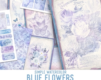 Simple Watercolor Journal, Blue Flowers Embellishments, Junk Journal Crafting Kit, Vintage Ephemera, Printable Kit, Scrapbooking Kit, 002349