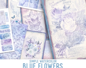 Simple Watercolor Journal, Blue Flowers Embellishments, Junk Journal Crafting Kit, Vintage Ephemera, Printable Kit, Scrapbooking Kit, 002349