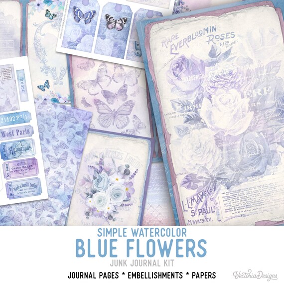 Watercolor Blue Flowers Junk Journal Kit - Printable Pages for Crafting - 002349