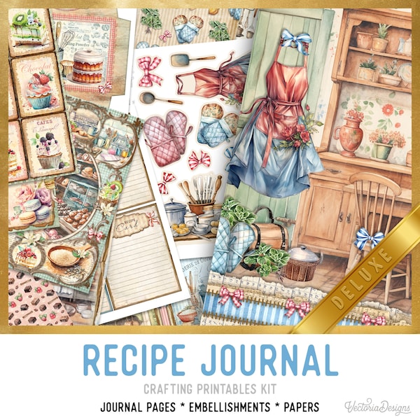 Rezept Journal Junk Journal Kit DELUXE, Rezepte Crafting Printables Kit Kochen Verzierungen Printable Rezept Papier Handwerk Kit Craft 003238