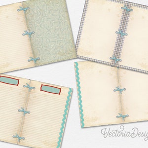 May include: Four different designs of printable scrapbook paper with a vintage aesthetic. Each page features a different pattern, including a blue and white gingham pattern, a blue and white swirl pattern, a blue and white striped pattern, and a blue and white wavy pattern. Each page has a distressed look and features blue ribbon accents.