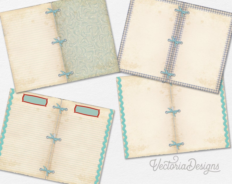 May include: Four different designs of printable scrapbook paper with a vintage aesthetic. Each page features a different pattern, including a blue and white gingham pattern, a blue and white swirl pattern, a blue and white striped pattern, and a blue and white wavy pattern. Each page has a distressed look and features blue ribbon accents.