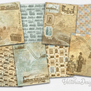 May include: A set of 10 digital papers featuring vintage train illustrations and text. The papers are in shades of brown, blue, and beige with a distressed look. The papers are perfect for scrapbooking, card making, and other paper crafts.