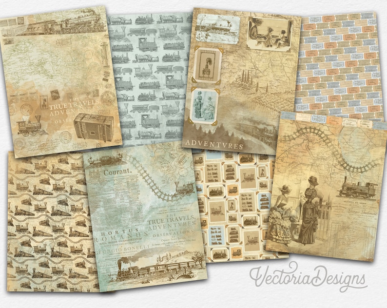 May include: A set of 10 digital papers featuring vintage train illustrations and text. The papers are in shades of brown, blue, and beige with a distressed look. The papers are perfect for scrapbooking, card making, and other paper crafts.