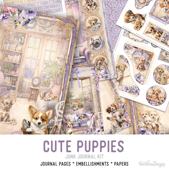 Puppy Junk Journal Kit - Printable Pages for Crafting - 003174