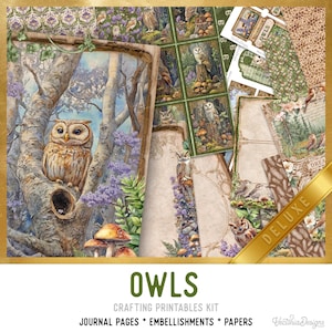 May include: A collection of crafting printables featuring owls. The image includes journal pages, embellishments, and papers with illustrations of owls in a forest setting. The color palette includes greens, browns, and purples, with the word "OWLS" prominently displayed.
