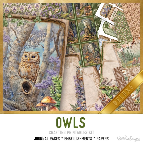 Owls Junk Journal Kit, DELUXE version - Printable Pages, Papers and Embellishments for Crafting - 003797