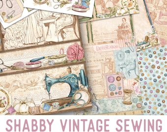 Shabby Vintage Sewing Crafting Printables Kit, Printable Sewing Junk Journal, Sewing Embellishments, Sewing Craft Kits, Sewing Paper 002718