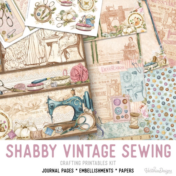 Shabby Vintage Sewing Crafting Printables Kit, Printable Sewing Junk Journal, Sewing Embellishments, Sewing Craft Kits, Sewing Paper 002718