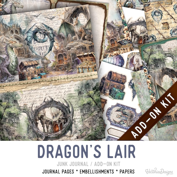Dragon's Lair Junk Journal Kit ADD-ON, Printable Craft kit with Journal Pages, Embellishments and Papers - 003614