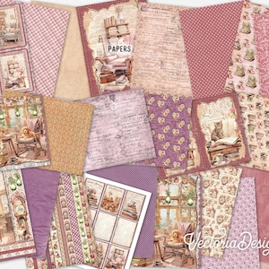 May include: A digital paper pack with 16 different designs featuring a vintage, shabby chic aesthetic. The papers include floral patterns, gingham, and images of books, clocks, and a cat. The text "PAPERS" and "VINTAGE" are visible on some of the papers.