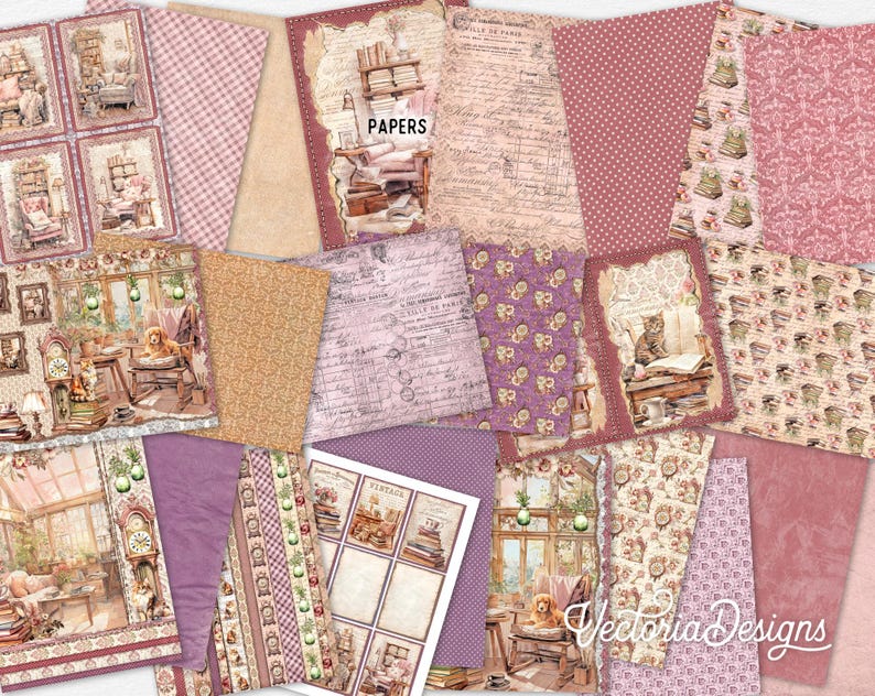 May include: A digital paper pack with 16 different designs featuring a vintage, shabby chic aesthetic. The papers include floral patterns, gingham, and images of books, clocks, and a cat. The text "PAPERS" and "VINTAGE" are visible on some of the papers.