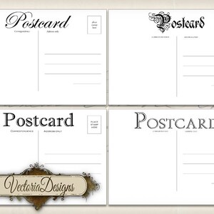 Peut inclure: Quatre cartes postales vierges avec le mot "Postcard" imprim&eacute; en haut. Les cartes postales ont des lignes pour une adresse et une correspondance. La carte postale du bas porte le texte "Vectoria Designs" imprim&eacute; dessus.