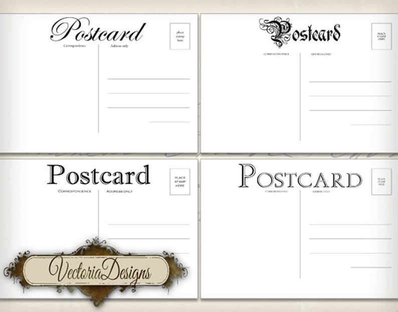 Peut inclure: Quatre cartes postales vierges avec le mot "Postcard" imprim&eacute; en haut. Les cartes postales ont des lignes pour une adresse et une correspondance. La carte postale du bas porte le texte "Vectoria Designs" imprim&eacute; dessus.