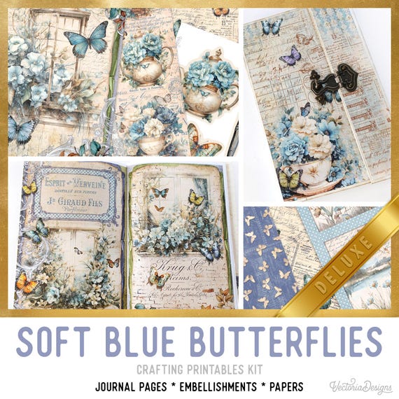 Soft Blue Butterflies Junk Journal Kit DELUXE - Printable Pages, Papers and Embellishments for Crafting - 004019