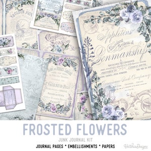 Frosted Flowers Crafting Printables Kit, Flowers Embellishments, Winter Journal, Cottagecore Journal, Paper Crafting Supplies 002354