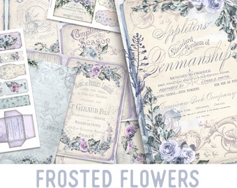 Frosted Flowers Crafting Printables Kit, Flowers Embellishments, Winter Journal, Cottagecore Journal, Paper Crafting Supplies 002354