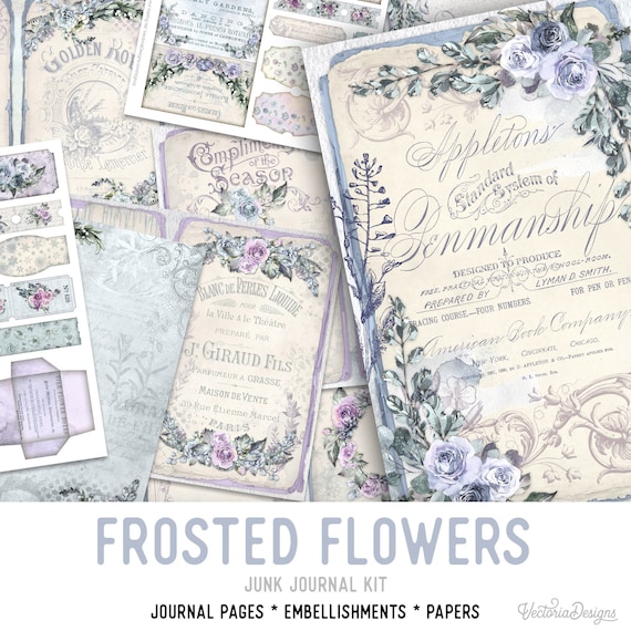 Frosted Flowers Junk Journal Kit - Printable Pages for Crafting - 002354