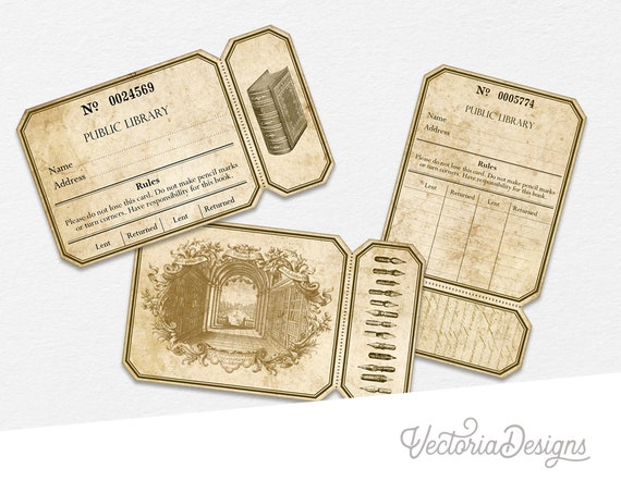 Library Tickets Digital, Junk Journal Printable, Ephemera Tickets, Scrapbooking Embellishments, Vintage Tickets, Download Tickets 001767