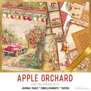 Pode incluir: Um kit de artesanato digital intitulado APPLE ORCHARD CRAFTING PRINTABLES KIT contendo páginas de diário e papéis. O design exibe um caminhão vermelho em um pomar de maçãs, várias ilustrações de maçãs, texto e padrões decorativos em tons quentes de outono.