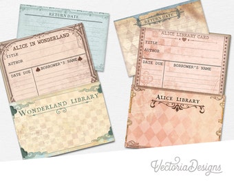 Alice in Wonderland Library Cards and Pockets, Printable Library Cards, DIY Library Cards, Junk Journal Embellishments, Scrapbooking 002527