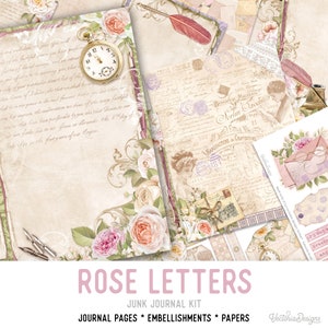 Rose Letters Junk Journal Kit, Rose Journal Pages, Rose Junk Journal Kit, Embellishments, Craft kits, Shabby Chic Roses, Digital DIY 002400