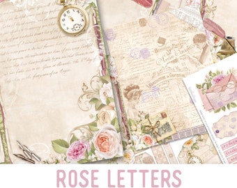 Rose Letters Junk Journal Kit, Rose Journal Pages, Rose Junk Journal Kit, Embellishments, Craft kits, Shabby Chic Roses, Digital DIY 002400