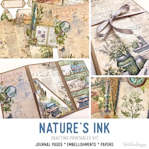 Nature's Ink Junk Journal Kit, Botanical Journal Crafting Printables Kit Writing Embellishments Printable Nature Paper Craft Tutorial 003556