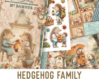 Hedgehog Family Junk Journal Kit – Printable Craft Pages, Embellishments, Papers Standard - 003839