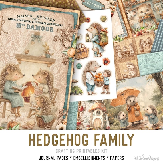 Hedgehog Family Junk Journal Kit (Standard) - Printable Pages, Papers and Embellishments for Crafting - 003839