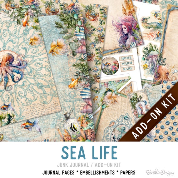 Sea Life Junk Journal Kit ADD-ON, Printable Craft kit with Journal Pages, Embellishments and Papers - 003275