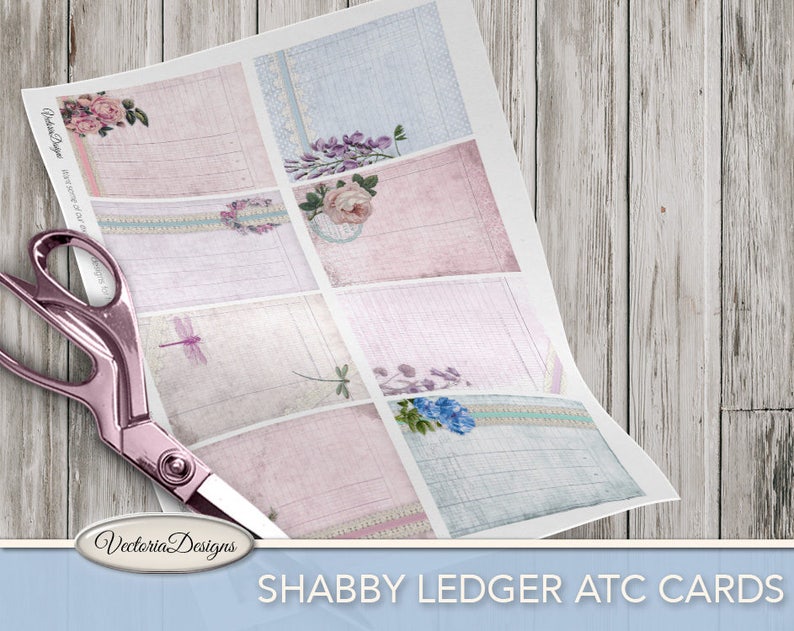 Shabby Ledger ATC cards printable cards floral flower 2.5 x 3.5 inch paper crafting scrapbooking digital download instant sheet 001735 image 3