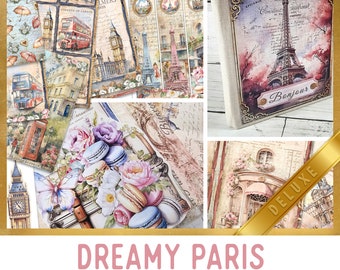 May include: A printable crafting kit with a Parisian theme. The kit includes journal pages, embellishments, and papers. The image features a vintage-style illustration of the Eiffel Tower, a red double-decker bus, and a Parisian street scene.