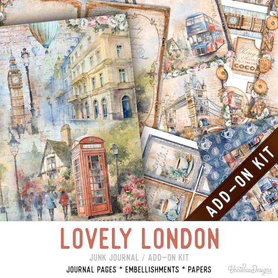 London Junk Journal Kit, Printable Pages Embellishments Papers (Add-On) - 003308