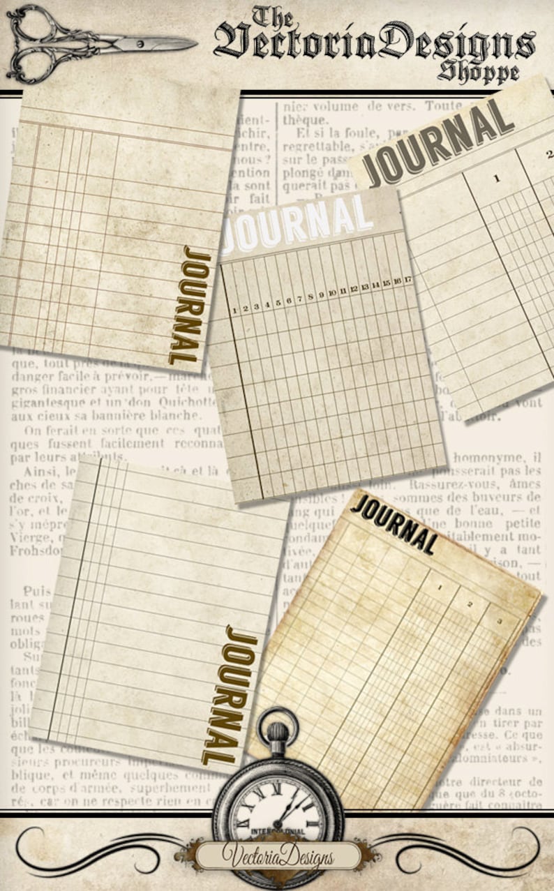 May include: Four vintage journal pages with a brown grid pattern and the word "JOURNAL" printed in bold, brown letters. The pages are slightly aged and have a distressed look. A pocket watch with Roman numerals is in the bottom right corner.