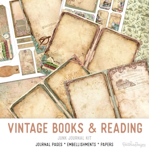 Vintage Books & Reading Junk Journal Kit, Books Journal, Printable Junk Journal Kit, Craft kits, Printable Journal Pages, Reading - 002382