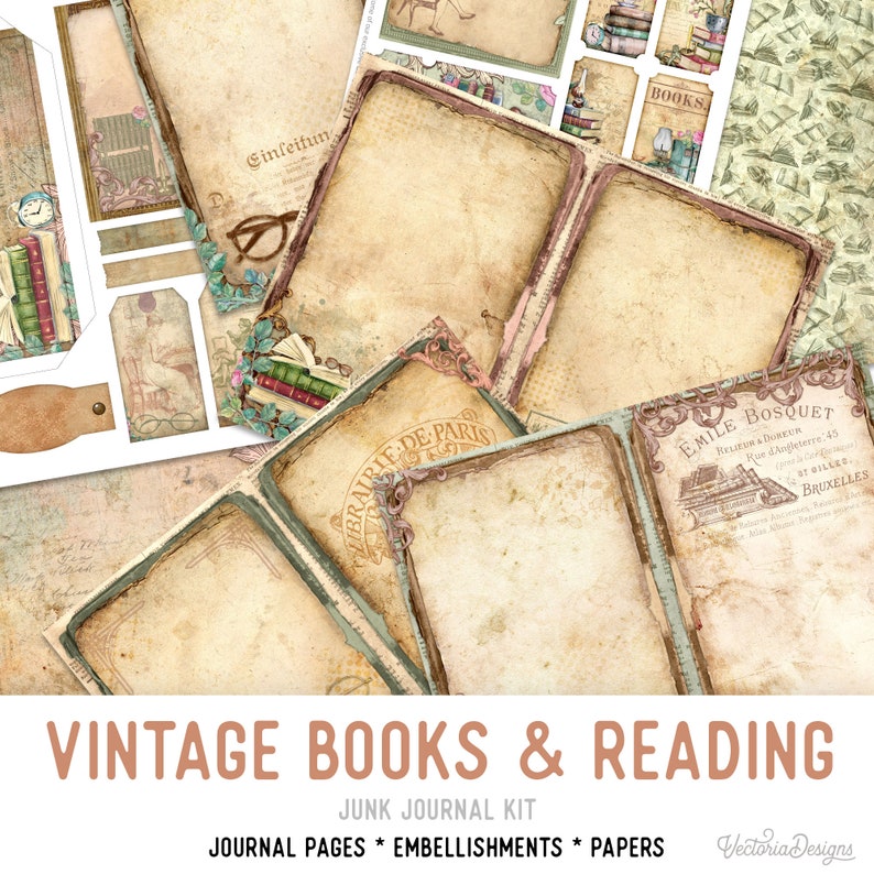 Vintage Books & Reading Junk Journal Kit, Books Journal, Printable Junk Journal Kit, Craft kits, Printable Journal Pages, Reading 002382 image 1