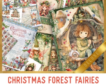 May include: A digital printable kit for crafting featuring a Christmas theme with fairies, forest scenes, and the text "Compliments of the Season".