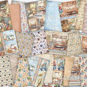 Puede incluir: Una colecci&oacute;n de 16 papeles digitales con un tema de cocina vintage. Los papeles incluyen varios patrones y dise&ntilde;os, como una escena de cocina, ollas y sartenes, cucharas y un patr&oacute;n a cuadros. Los papeles son perfectos para scrapbooking, creaci&oacute;n de tarjetas y otros proyectos de manualidades.