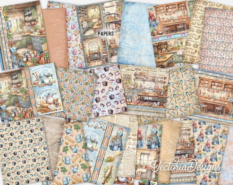 Puede incluir: Una colecci&oacute;n de 16 papeles digitales con un tema de cocina vintage. Los papeles incluyen varios patrones y dise&ntilde;os, como una escena de cocina, ollas y sartenes, cucharas y un patr&oacute;n a cuadros. Los papeles son perfectos para scrapbooking, creaci&oacute;n de tarjetas y otros proyectos de manualidades.