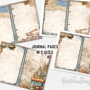 May include: Vintage-style journal pages with a travel theme. The pages feature a map design, an airplane, and a stack of suitcases. The text "JOURNAL PAGES IN 2 SIZES" is visible. The pages are in shades of beige, blue, and brown.