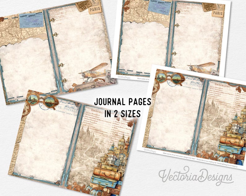 May include: Vintage-style journal pages with a travel theme. The pages feature a map design, an airplane, and a stack of suitcases. The text "JOURNAL PAGES IN 2 SIZES" is visible. The pages are in shades of beige, blue, and brown.