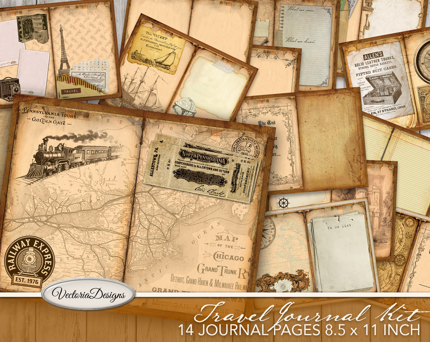 Travel Journal Kit, Printable Journal, Vintage Journal, Scrapbooking